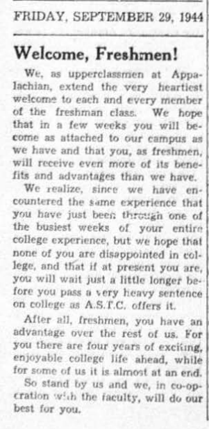 1944 Welcome Freshman article from The Appalachian (student newspaper)