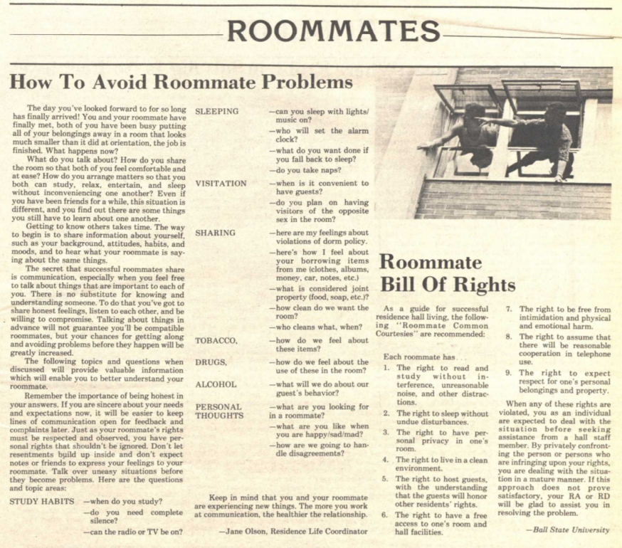 1982 article on "How to Avoid Roommate Problems" from The Appalachian student newspaper