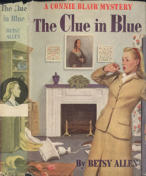 Cover of The Clue in Blue showing a woman looking upset in a disheveled room.