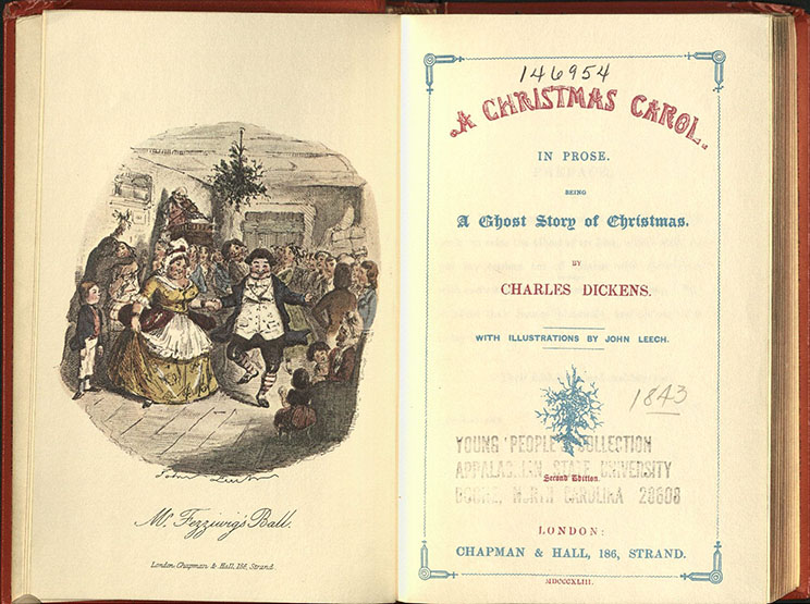 Dickens title page spread--A facsimile of A Christmas Carol, with a hand-colored illustration by John Leech and the title page.  Part of the General Rare Book collection.