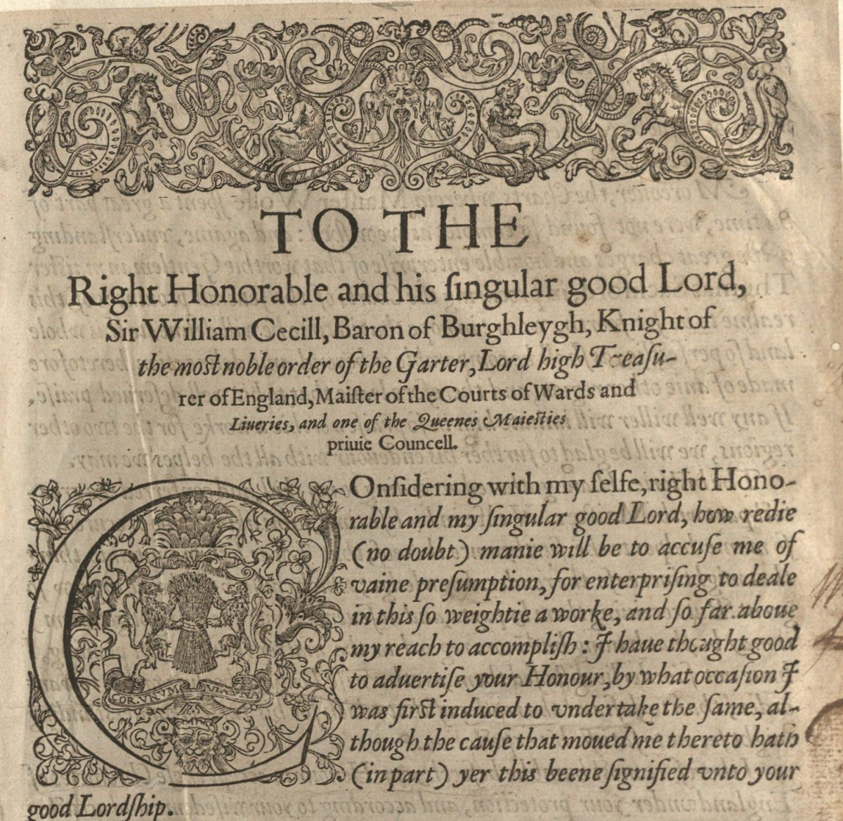 Detail from the dedication page of the second edition of Holinshed's Chronicles, 1587