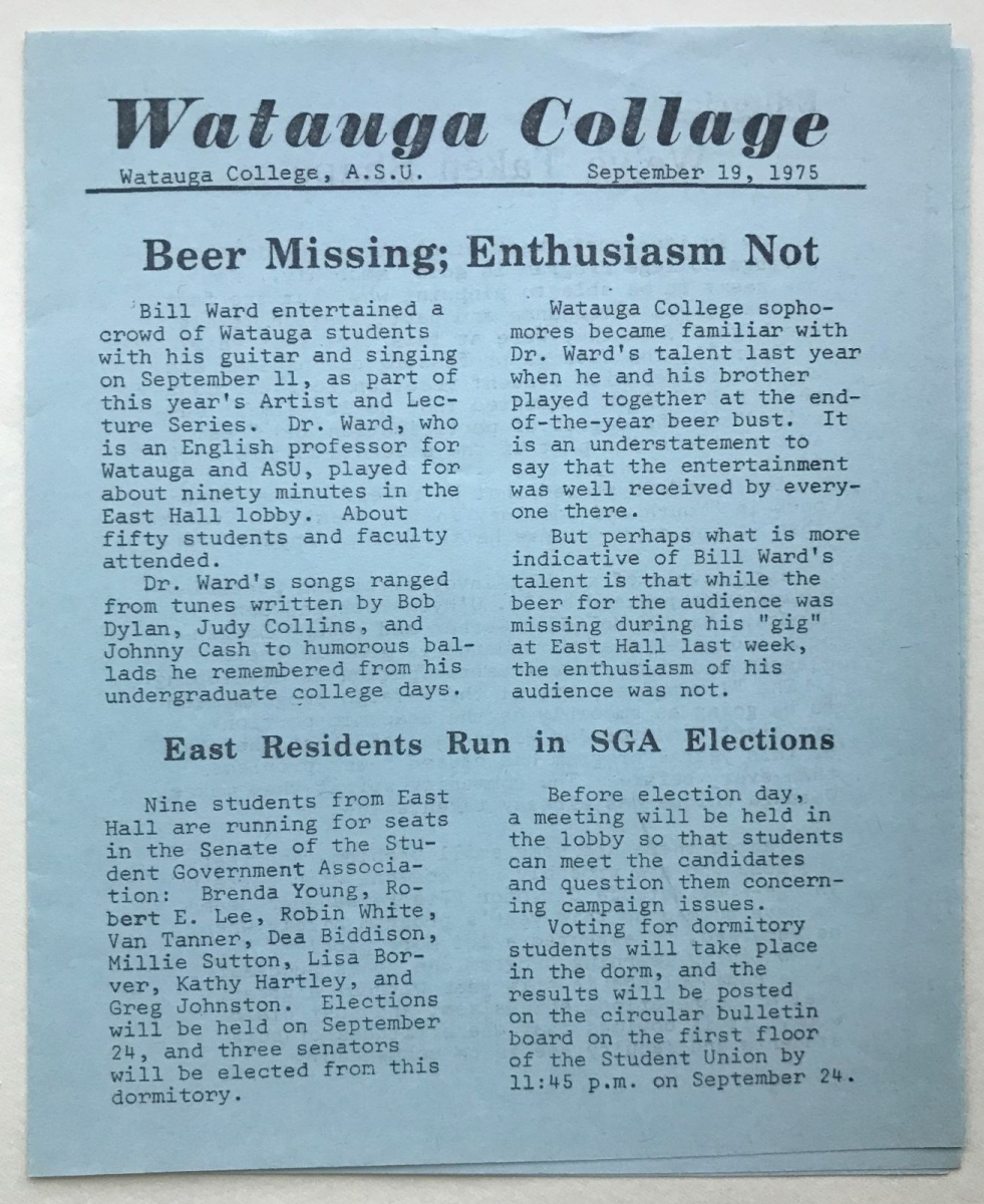Early newsletter to the Watauga College students, faculty and staff, 1975.