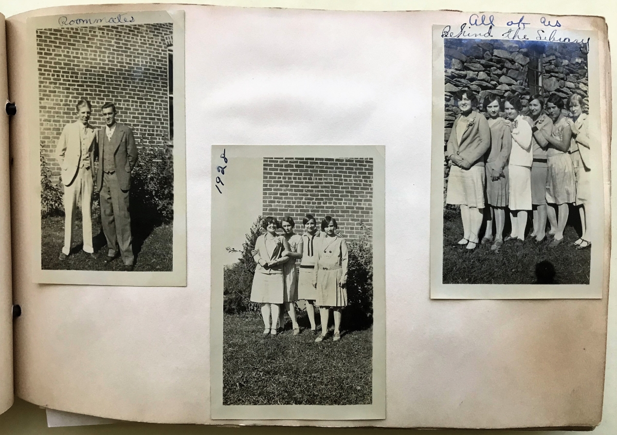 Three black-and-white photographs from a scrapbook: the first shows two young men in dress suits and is captioned “Roommates”; the second, bearing a handwritten date of “1928,” is of four young women in period dress clothing; the third is inscribed, “All of Us Behind the Library,” and shows six women standing in a line in front of a stone wall.