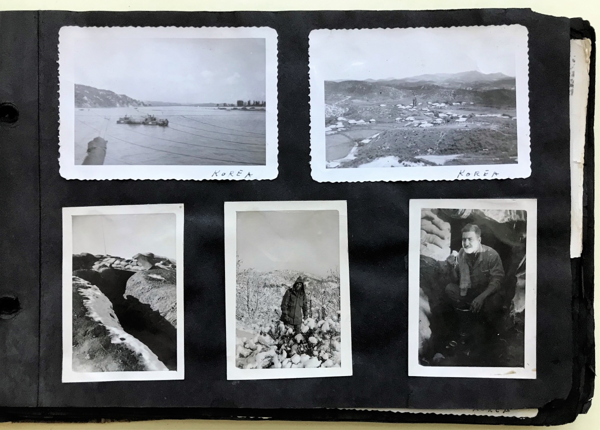 Six photographs of Korea during the 1950-1953 Korean Conflict show servicemembers and scenes of the country, including a water [possibly ocean?] scene; a man shaving; and significant snowfall.