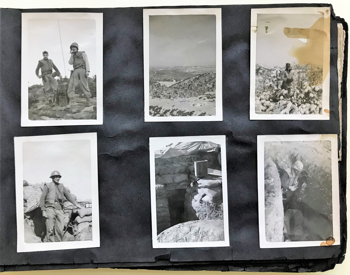 Six photographs of Korea during the 1950-1953 Korean Conflict show servicemembers with images of a field telephone; trenches and sandbags; and more pictures of snowfall.