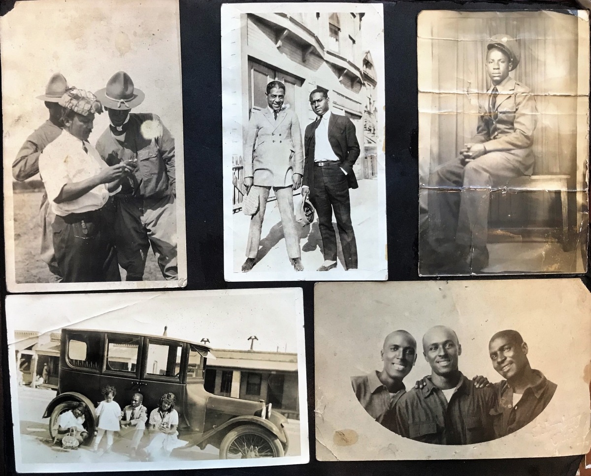 Five photographs from the World War II era show: three servicemembers gathered together and looking at an object in the hand of the central person; two young men in dress suits standing an a street, with buildings behind; a young man seated for a portrait in a dress military uniform; a family seated in front of an automobile; and three servicemen smiling for a portrait.