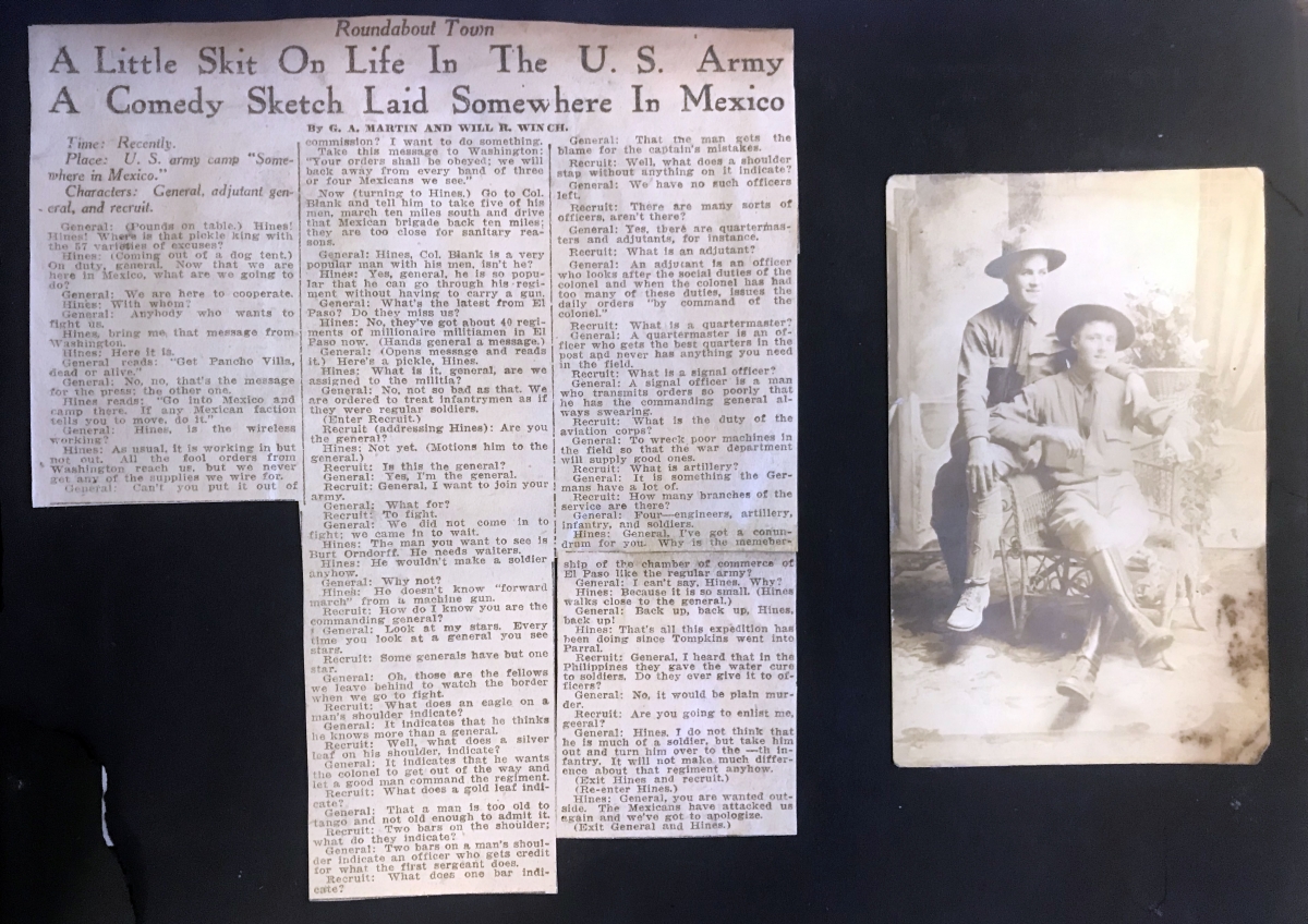 Images of a clipping entitled, "A Little Skit On Life in the U.S. Army: A Comedy Sketch Laid Somewhere in Mexico," and a portrait of two men posing together in uniform