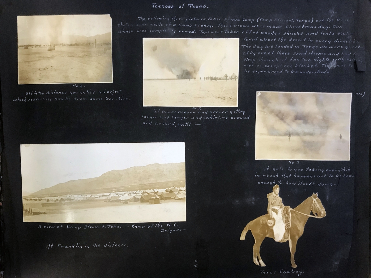 Four photographs on a scrapbook page (with captions) showing "The Terrors of Texas" (a Christmas Day sandstorm), a view of the U.S. Army's Camp Stewart, Texas, "Camp of the N.C. [North Carolina] Brigade," plus an image of a "Texas Cowboy" mounted on a horse