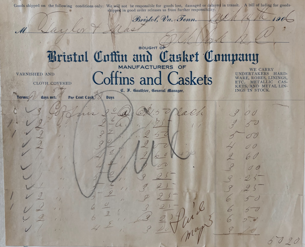 Historical receipt documenting coffin purchases for resale.