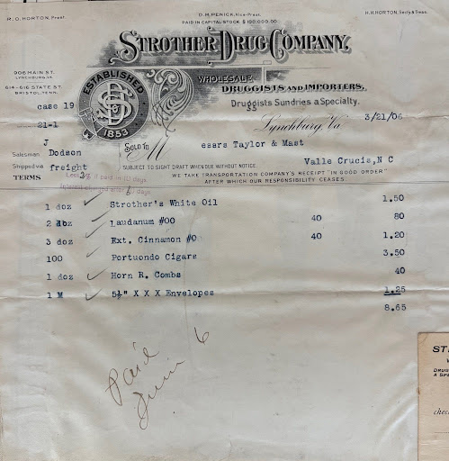 Store receipt listing laudanum, cigars, and horn combs.
