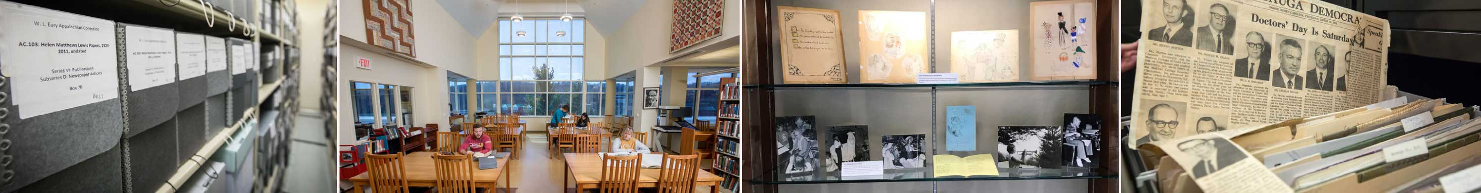 photo collage of SCRC phase boxes, reading room, exhibit, and historical newspapers