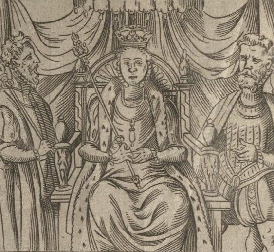 Close-up from the title page of Holinshed's Chrolicles, showing Queen Elizabeth I flanked by councilors
