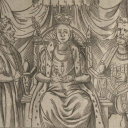 Close-up from the title page of Holinshed's Chrolicles, showing Queen Elizabeth I flanked by councilors