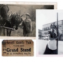 Picture of boy & donkey, lady, and ticket stub to the fair. 