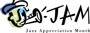 Simple illustration of a person playing a horn instrument and wearing a beret. On the right of the image is the text