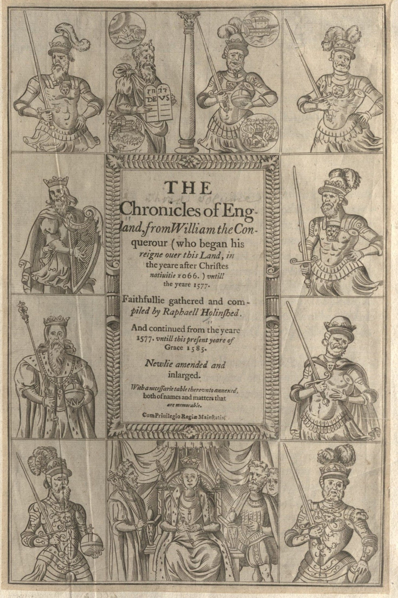 Title page of Holinshed's Chronicles, with illustrations of biblical and historical figures