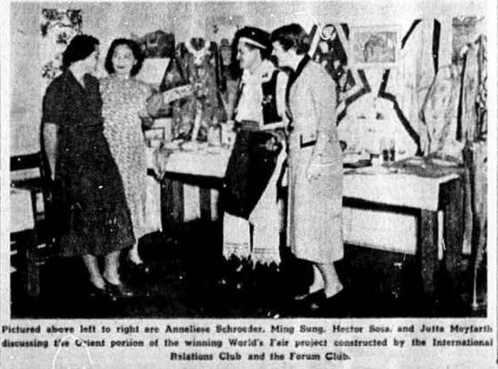 Foreign students at their 1950 homecoming World's Fair display